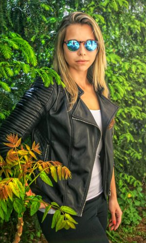 blond woman fashion leather jacket rock pose sunglasses shoot photoshoot prague czechgirl