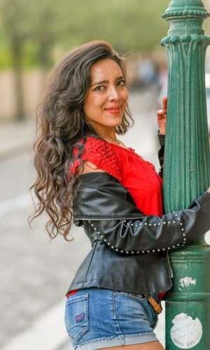 street portrait woman fashion red bliouse art smile latino girl sexy